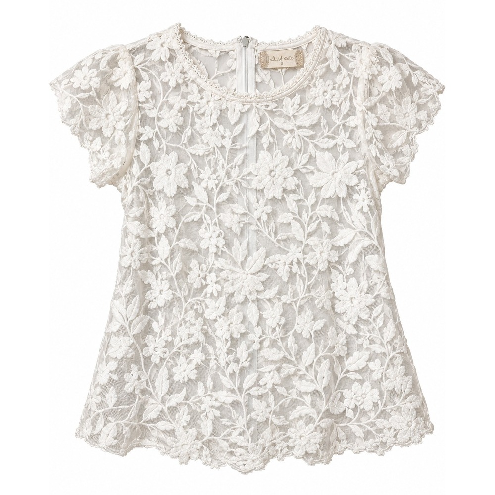Altar'd State White Floral Embroidered Mesh Lace Blouse Short Sleeve Small
